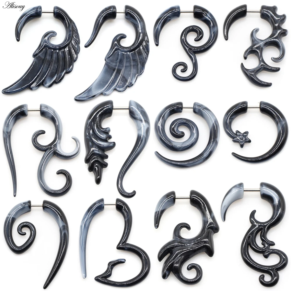 Alisouy 2 szt. 16G Sztuczny kolczyk do ucha, szary, czarny, akrylowy, imitacja piercingu, kolczyk do ciała w kształcie skrzydła, serca, spirali, biżuteria do piercingu.