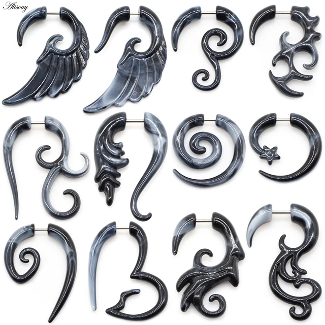 Alisouy 2 szt. 16G Sztuczny kolczyk do ucha, szary, czarny, akrylowy, imitacja piercingu, kolczyk do ciała w kształcie skrzydła, serca, spirali, biżuteria do piercingu.