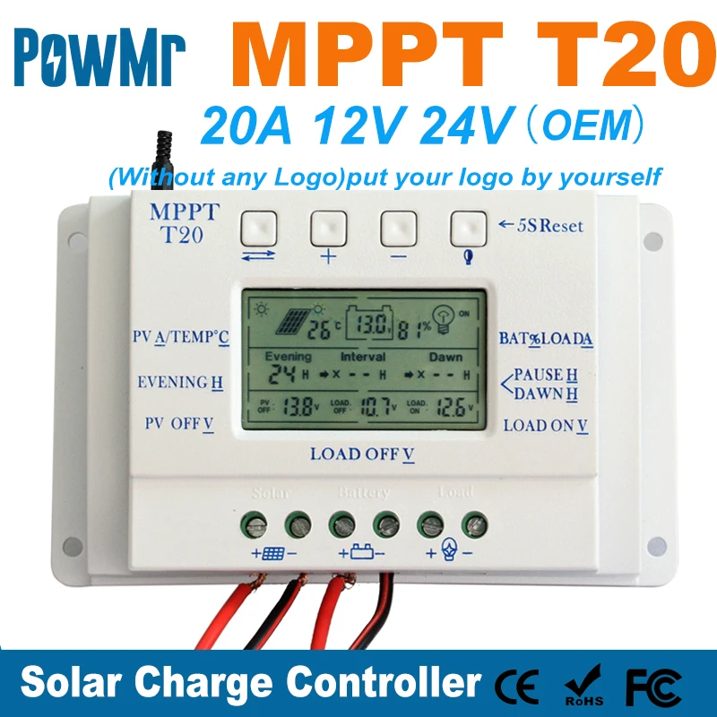 OEM LCD Display 20A MPPT 12V/24V Solar Panel Battery Regulator Charge Controller without Any Logo On Surface T20 LCD Wholesales