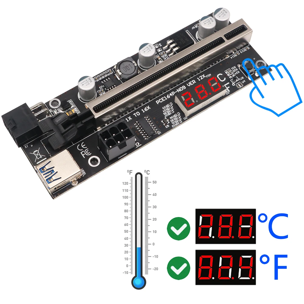 Newest Version PCIE Riser 1x to 16x Graphic Extension with Temperature Sensor for GPU Mining Powered Riser Adapter Card