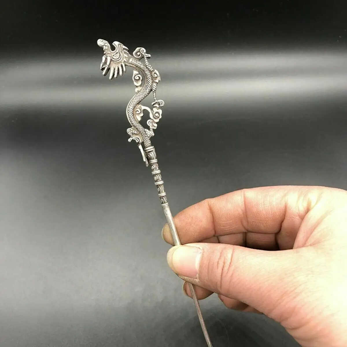 

Chinese Old Tibetan silver Copper hand carved Dragon hairpin Statues