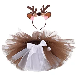 Fluffy Brown Deer Girls Tutu Skirt Baby Christmas Costume Kid Reindeer Tulle Skirt For Halloween Purim Children Outfit 1-14 Year