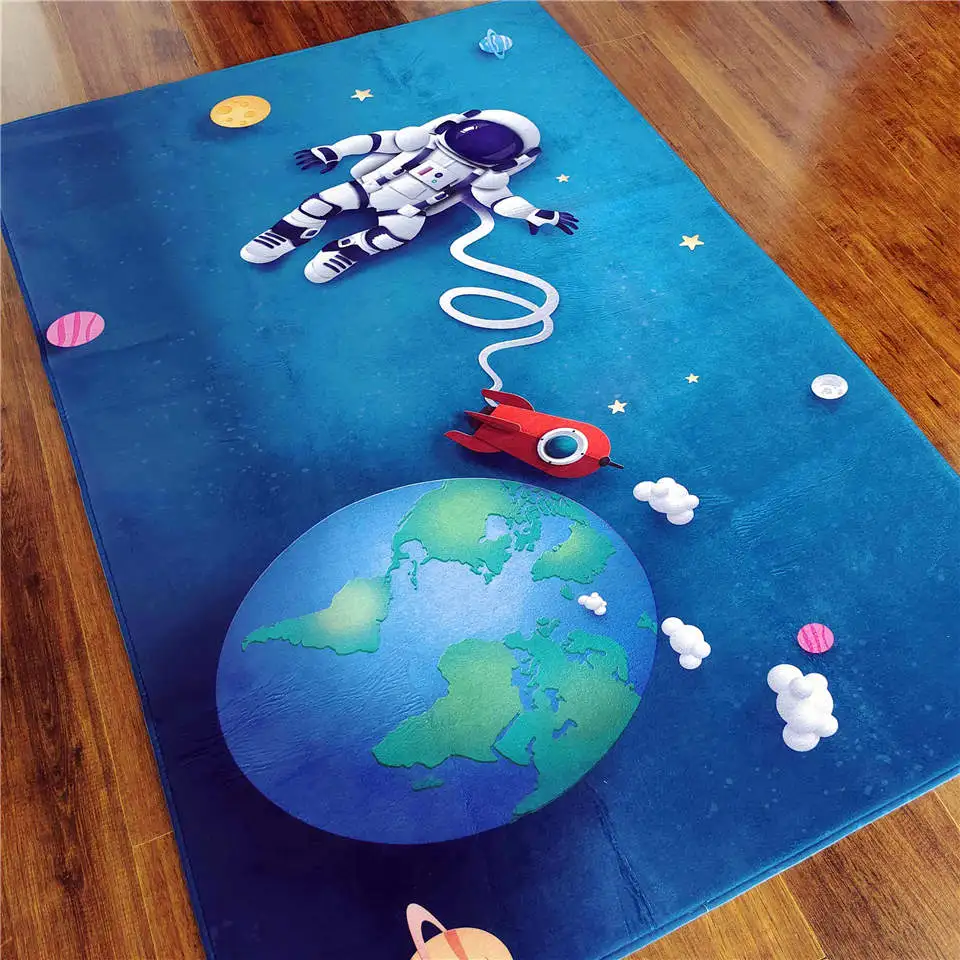 Cartoon Rocket Astronaut 3D Carpet Kids Room Space Flannel Sponge Floor Mat Teen Room Rug Cute Crawling Play Mat Bedside Carpet