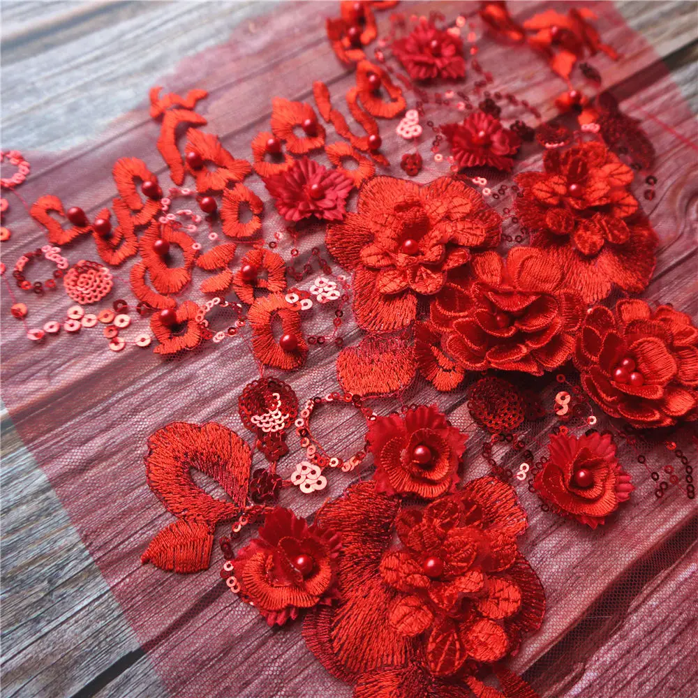 Red Lace Fabric 3D Flowers Beads Sequins Appliques Embroidery Mesh Sew Patch For Wedding Evening Dress Decoration DIY