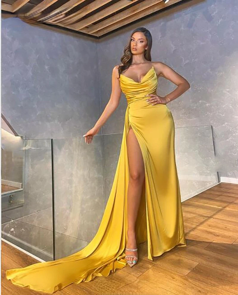 Robe de soirée sirène sans bretelles à col en V jaune, robes fendues sur le côté haut, robes de Rhde Dubaï, robes de célébrité, fête, sexy, quoi que ce soit