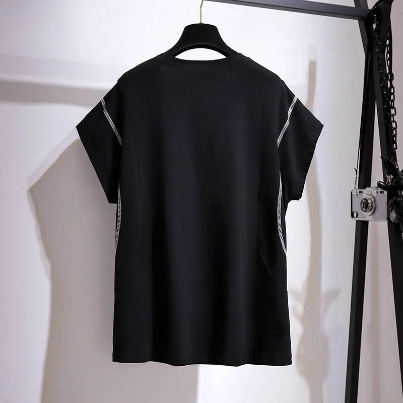 150Kg Plus Size Women\'s Summer Open Line Casual Short-Sleeved T-Shirt Bust 160cm 6XL 7XL 8XL 9XL 10XL Loose O-Neck Cotton Top