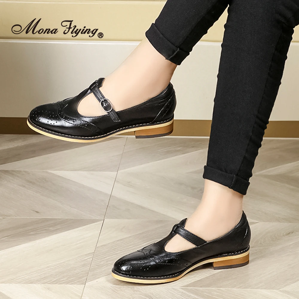 Mona Flying Women Genuine Leather Mary Jane Flat Casual Shoes Loafers Shoes with Buckle Ladies Shoes Elegant Low Heel A068-F103