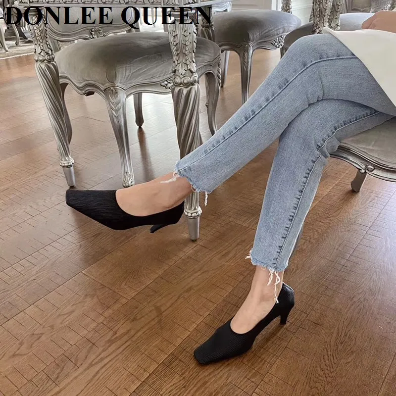 Fashion Square Toe Thin High Heel Shoes Women Shallow Elastic Pumps Autumn Shoe For Party Dress Zebra Chaussure Zapatillas Mujer