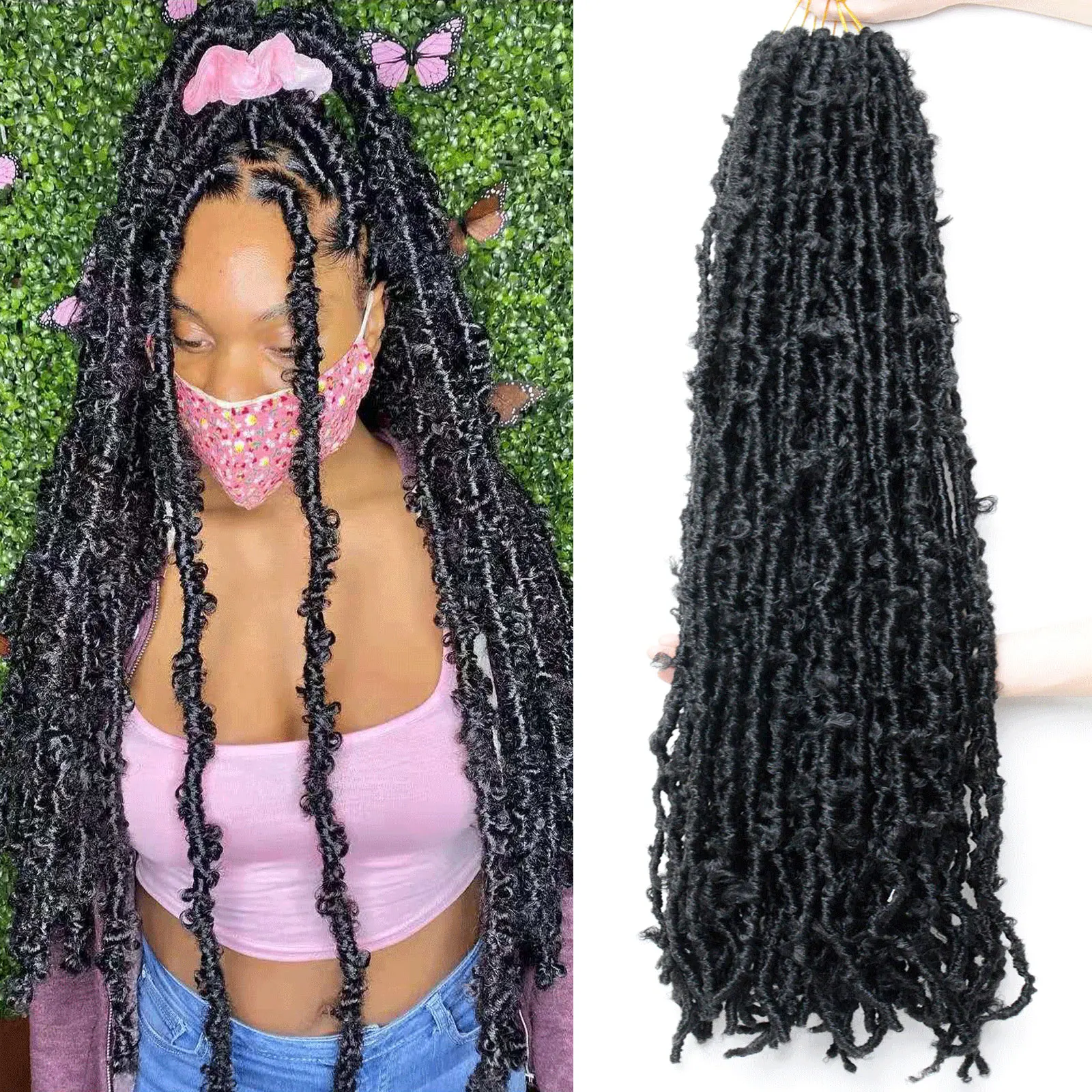 Cabelo de borboleta Crochet para mulheres negras, longas tranças sintéticas, Faux Locs, 5 Pacotes, 36"