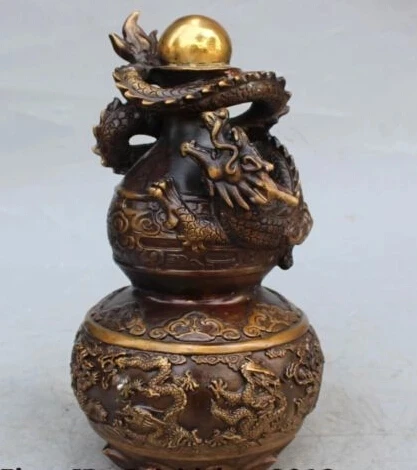 RHS0183 13" Marked Chinese Bronze Gilt FengShui Dragon calabash Cucurbit Gourd Statue