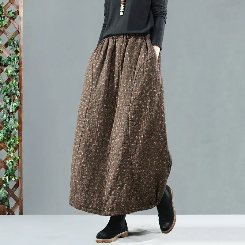 Autumn Winter New Arts Style Women Elastic Waist Thicken Warm Loose Long Skirt Vintage Print Cotton Casual A-line Skirts M267