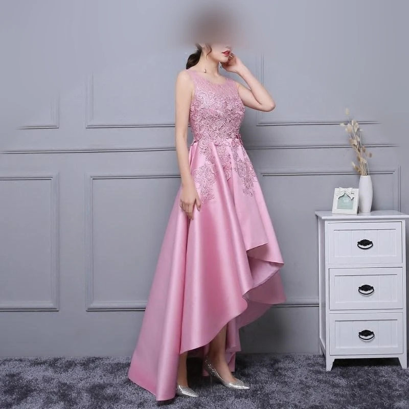 Elegante laço de cetim alta baixa vestidos de dama de honra com apliques curto frente longa volta vestido de festa robe de soirée femme 22