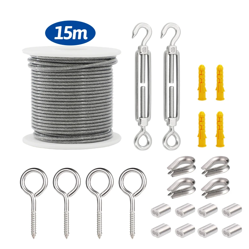 Kit di ganci per cavi in fune metallica 15M/20M 2mm Kit di stendibiancheria flessibile in acciaio inossidabile rivestito in PVC
