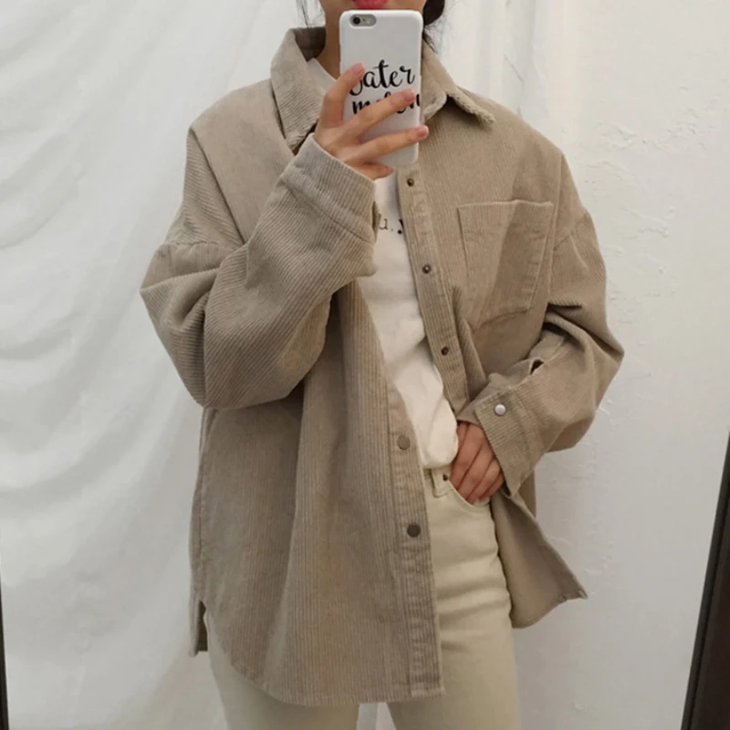 Zoki Harajuku Corduroy Women Shirt Jackets Autumn Long Sleeve Thin Coats Casual Vintage Pocket Female Button Up Overcoats 2023