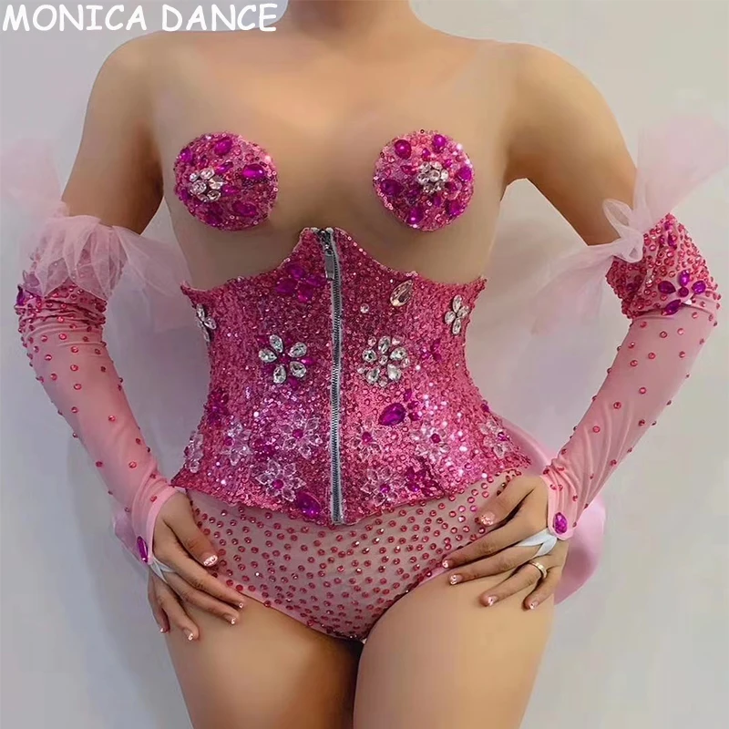 

Sexy Stage Pink Rhinestone Sequin Transparent Bodysuit Gloves Bow Belt Birthday Celebrate Outfit Prom Women Dancer Show Wear