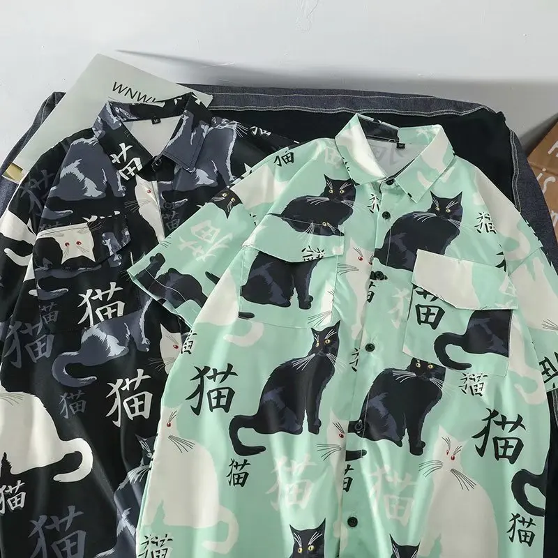 Summer high quality Mens Hawaiian Shirt 3D animal black cat Printed Short lapel Sleeve Big Size Hawaii Men Beach Floral Shirts