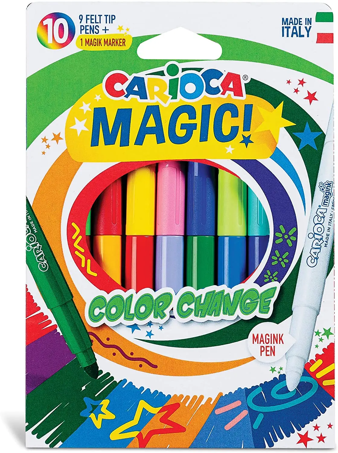 Carioca Color-Changing Magic Fiber Collet, 9 Colors + 1 Color Changer White Pen, felt-tip pen