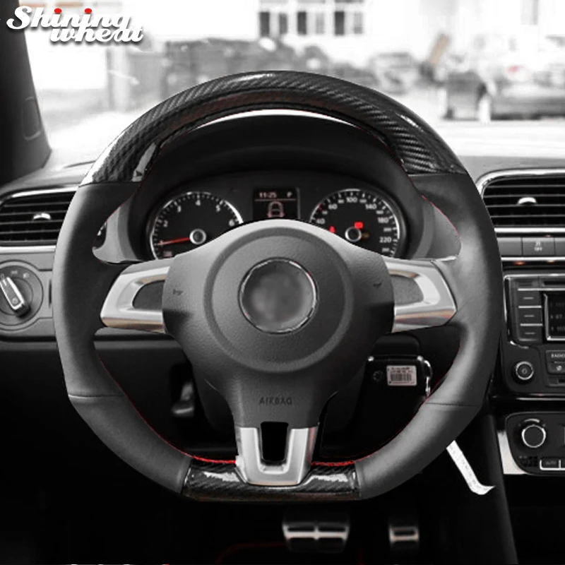 Black Leather Car Steering Wheel Cover for Volkswagen Golf 6 GTI MK6 VW Passat CC R-Line Polo GTI Scirocco