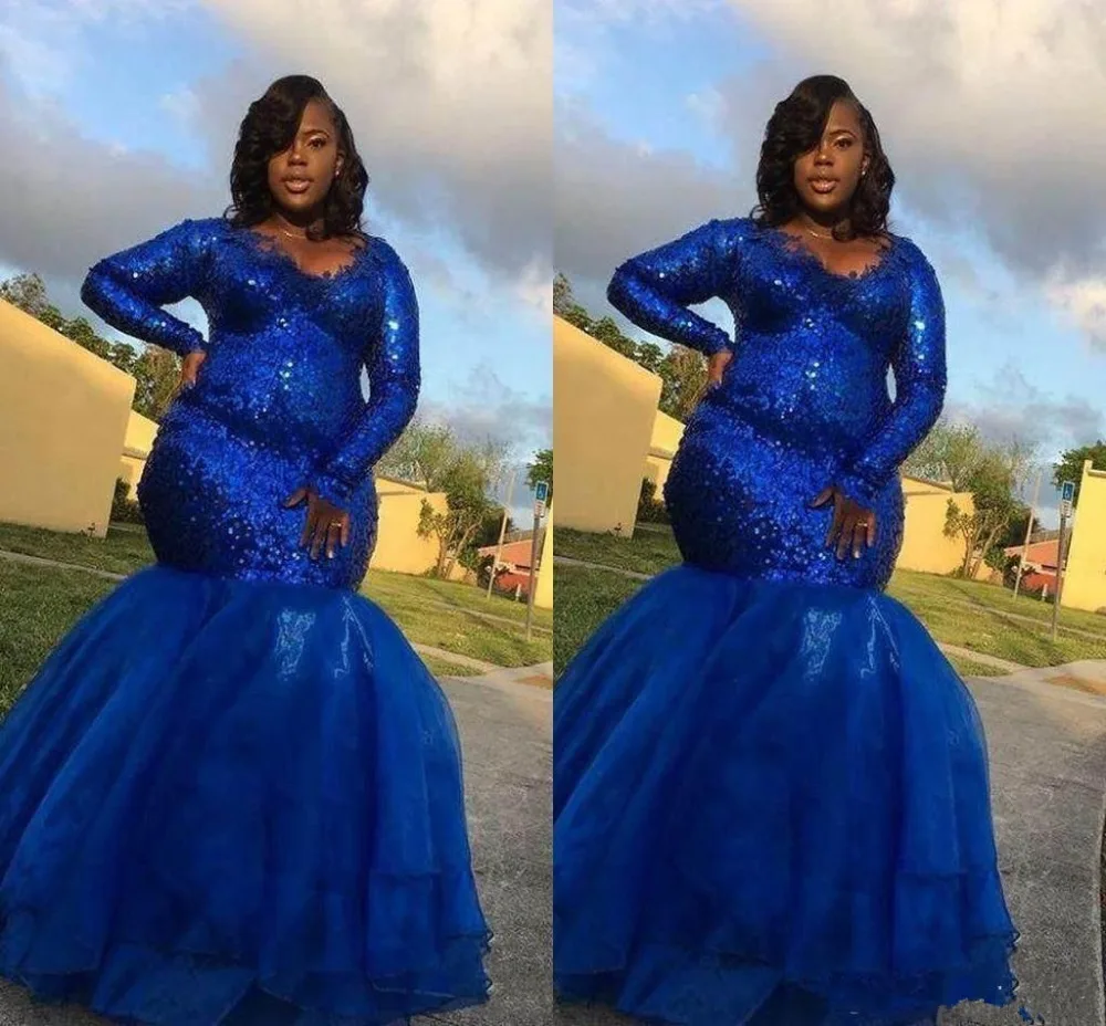 Mermaid Royal Biru Renda Gaun Prom 2019 Panjang Leher V Seksi Payet Lantai Panjang Pesta Malam Prom Gaun Prom gaun