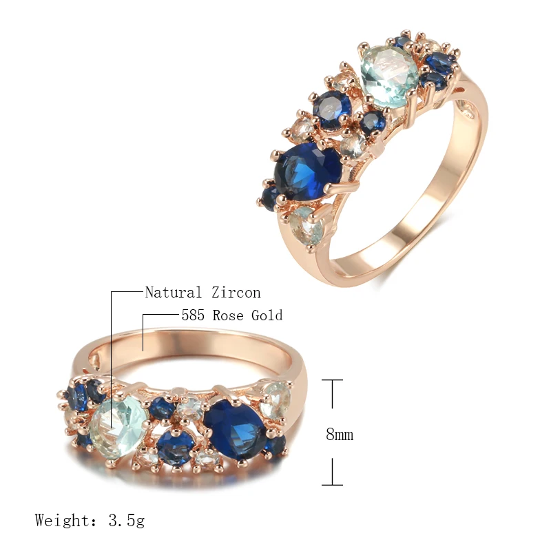 Kinel Luxury Blue Natural Zircon Ring for Women Trendy 585 Rose Gold Color Bride Wedding Party Daily Fine Vintage Jewelry Gift