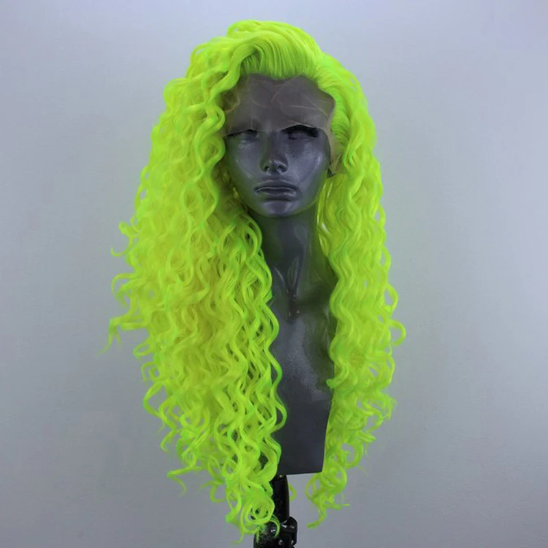 WEBSTERWIGS Fluorescent Green Long Curly Wig Glueless Heat Resistant Fiber Hair Synthetic Lace Front Wigs For Women