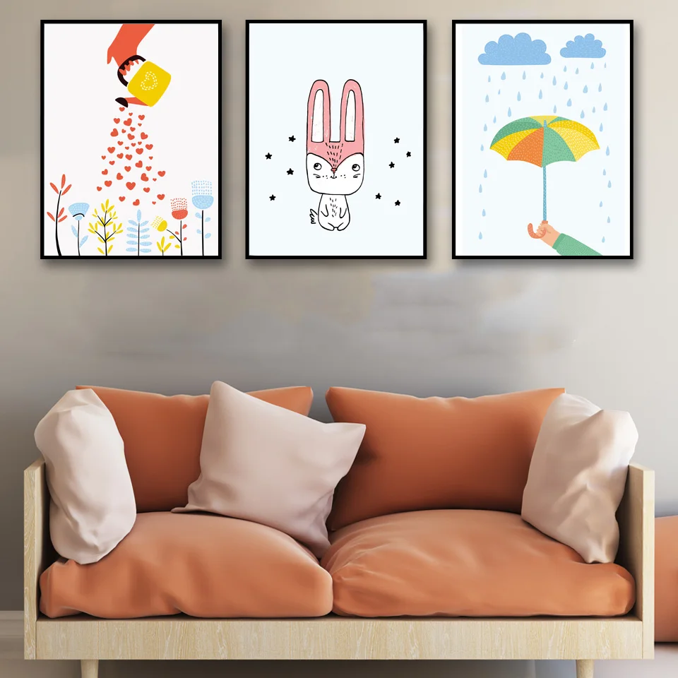 Cartoon Home Decor Flower Umbrella Rabbit Canvas Art A4 Poster Wall Painting Minimalist Modern Pictures No Frame Free Shipping