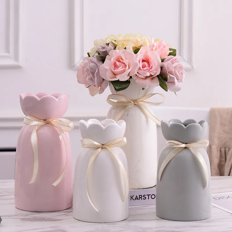 Nordic style Bouquet Shape Ceramics Flower Vase with Bow Minimalism Home Wedding Decoration Accessories For Flowers Livingroom