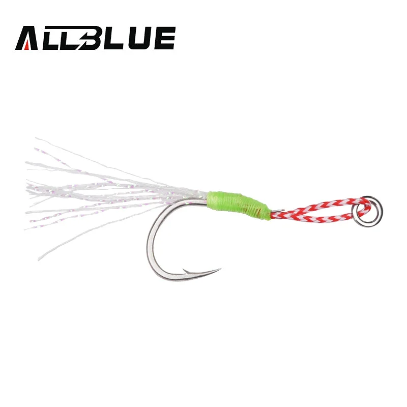 ALLBLUE 6pcs/lot Metal Jig Luminous Assist Hook With PE Line Feather Solid Ring Jigging Spoon Fishhook for 10-80g Fishing Lure