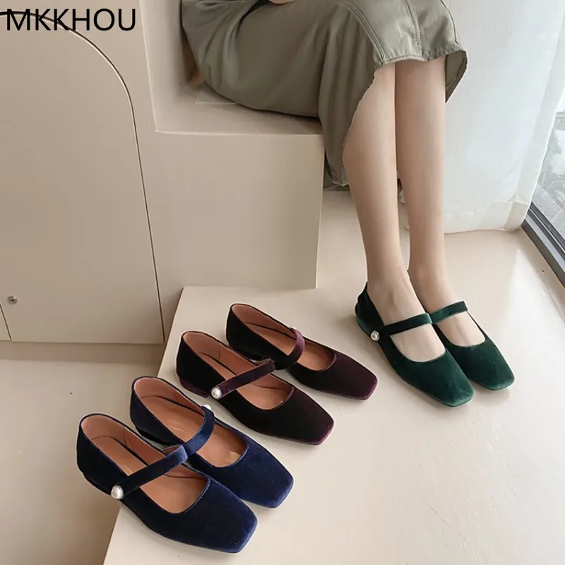 MKKHOU Fashion Single Shoes Women New Summer Retro Mary Janes Shoes High Quality Velvet Elegant Low Heel Shoes Large Size