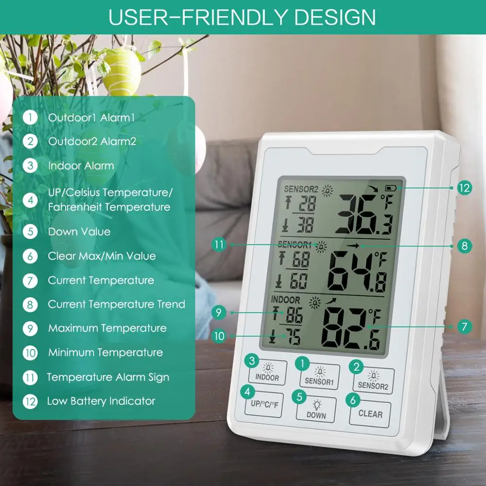 Termómetro inalámbrico con alarma para exteriores e interiores - imagen 2