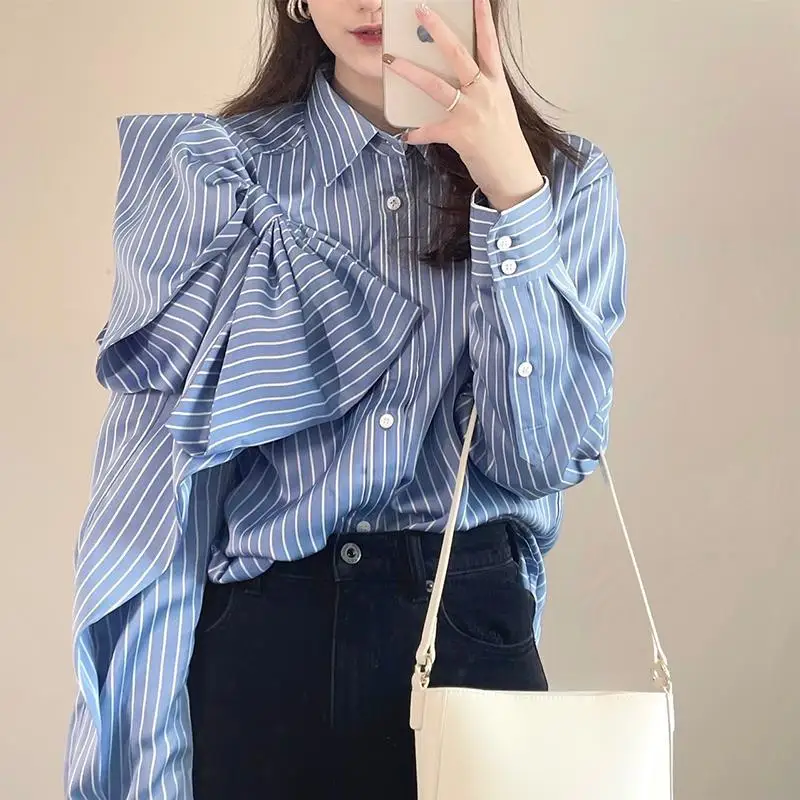 

Big Bow Shirts Womens Original Design Turn Down Collar Long Sleeve Striped Blue Tops Boy Friend Style Button Up Loose Blouses