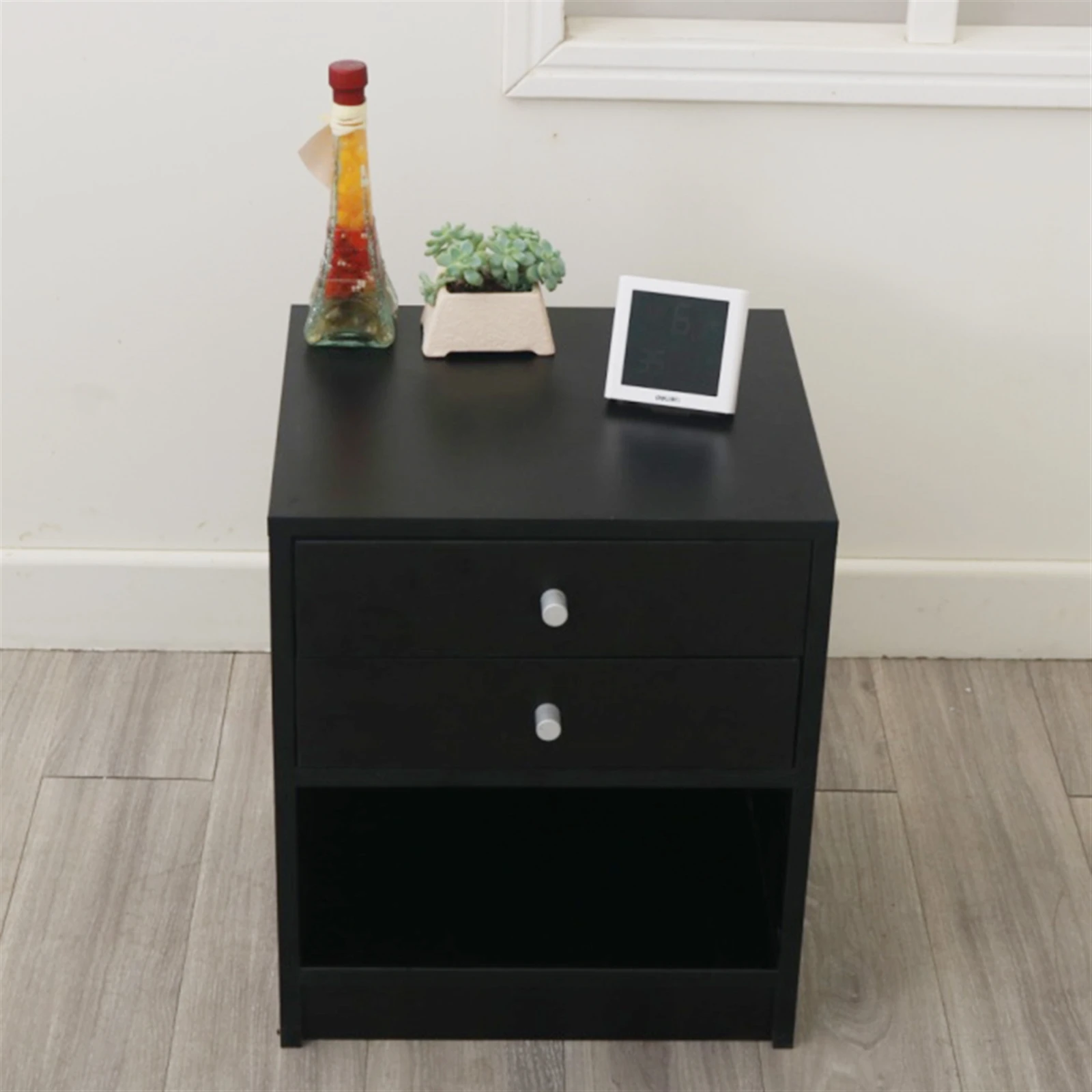 40 x 36 x 47cm Round Handle Night Stand with Two Drawer Black Night Table Bedside Table Nightstand