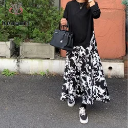 Spring 2025 Women's Oversized Long Sleeve T-Shirt Dress Knitted Patchwork Print Robe Fake Two-Piece Style KE996
