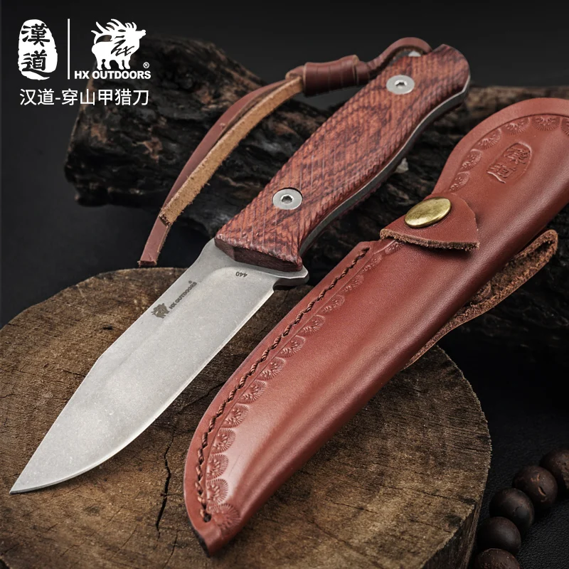 

HX OUTDOORS 440c Hunting Knife Kitchen Camping Survival Knives Fishing With Leather Sheath EDC Tool, Wood Handle Dropshipping