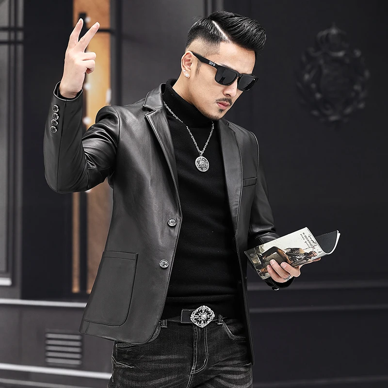 Batmo 2024 New Arrival Spring High Quality Sheepskin Real Leather Jackets Men,Slim Leather Blazer Men size M-4XL