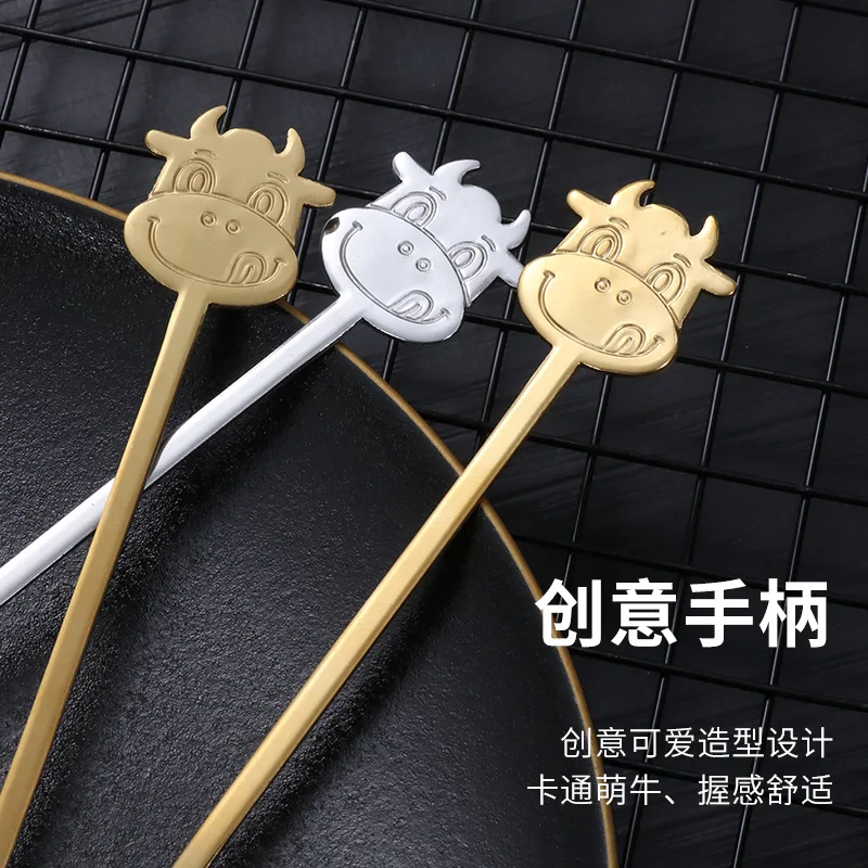 Cartoon bovine spoon 304 stainless steel spoon gold coffee spoon breakfast cup stirring spoon gift spoon