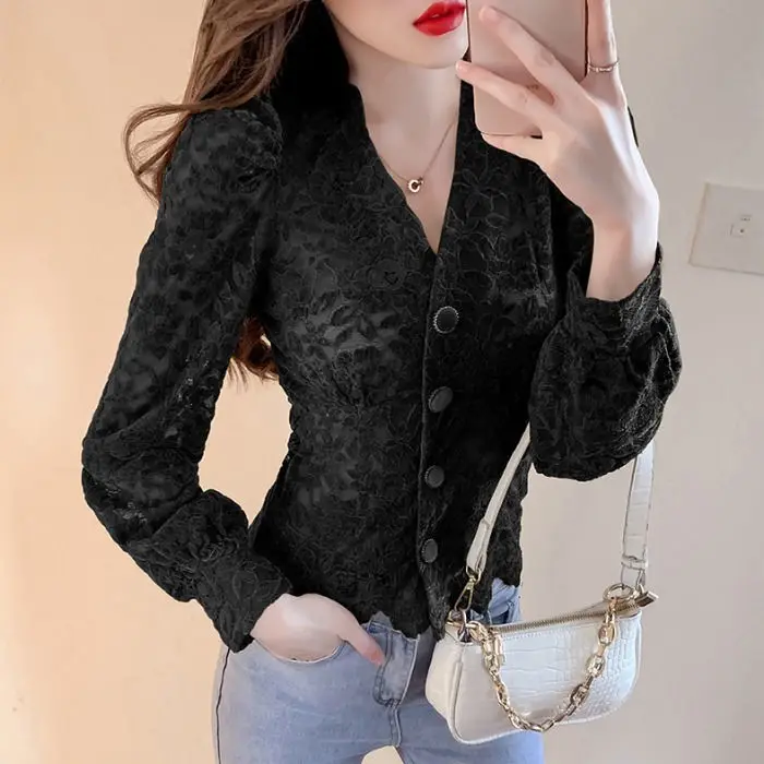 Blouse Women Shirt Long Sleeve Lace Women\'s Spring V-neck Top Blusas Mujer De Moda