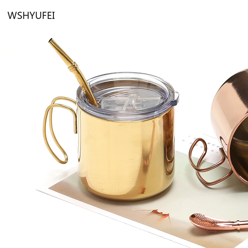 

WSHYUFEI Double-layer Stainless Steel Golden Coffee Cup Breakfast Cup Couple Mug Milk Afternoon Tea Cup Holiday Birthday Gifts