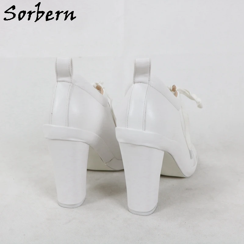 Sorbern Fashion White Pump Shoes Women Lace Up Chunky Heelled Block High Heel Sneakers Lady Shoe Round Toe Platform Custom Color