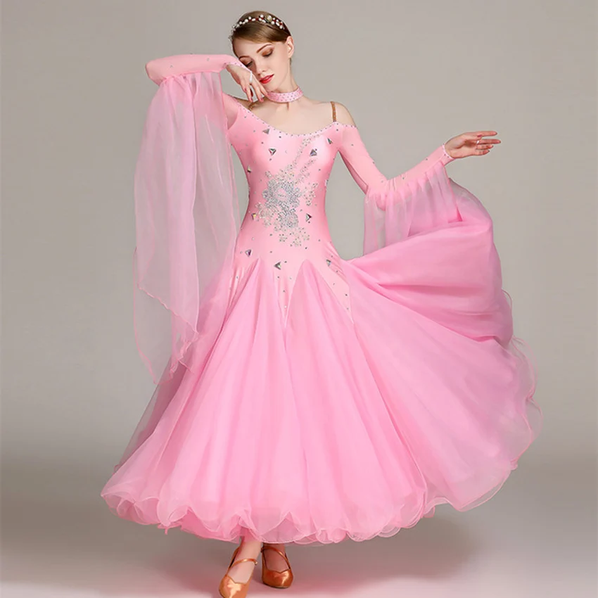 Walzer Langes Kleid rosa Flamenco Kleid Slim-Fit Standard Tanzkleid Wettbewerb Damen Bankettkleid Strass Aufkleber