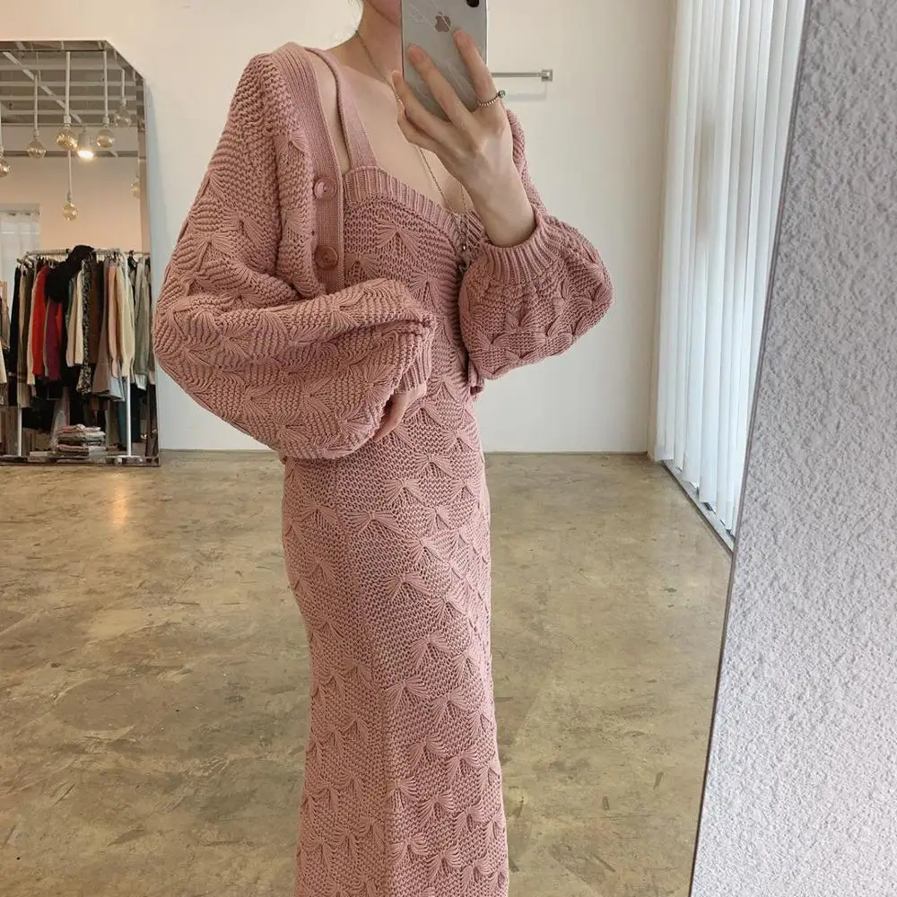 JSXDHK Elegant Winter Texture Jacquard Knitted 2 Piece Set Women Lantern Sleeve Pink Cardigan + Long Spaghetti Strap Dress Suits