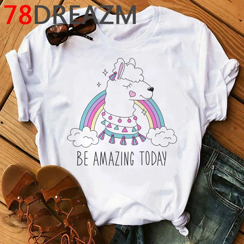 Kawaii Llama T Shirt Women Summer Top Funny Cartoon No Prob Llama Graphic Tees Femme Lama Ladies Tops Unisex  Female