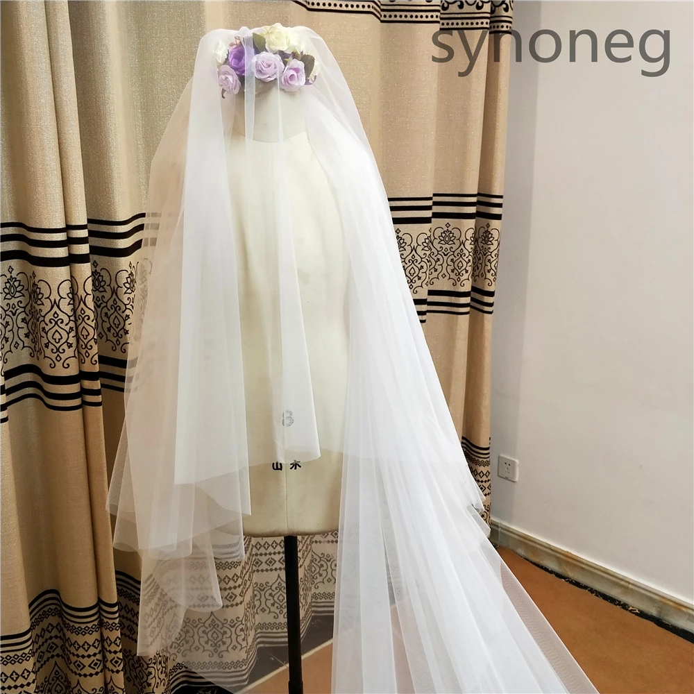 Cover face Real Photo 3m two Layer Wedding Veil With Comb White Lace Edge Bridal Veils Ivory Appliqued Cathedral Wedding Veil