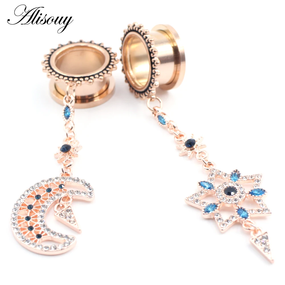 Alisouy 2pcs Star Moon Pendant Stainless Steel Ear Gauges Plugs Tunnels Expander Flesh Stretched Earrings Piercing Body Jewelry image 6