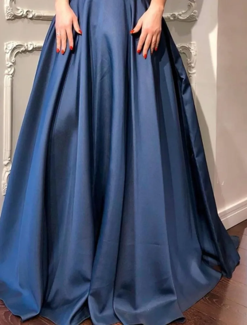 Elegant Dark Navy Satin Long Evening Dress V Neck Pleats Formal Party Gown Robes De Soirée Vestidos 2025 New Arabic Dubai