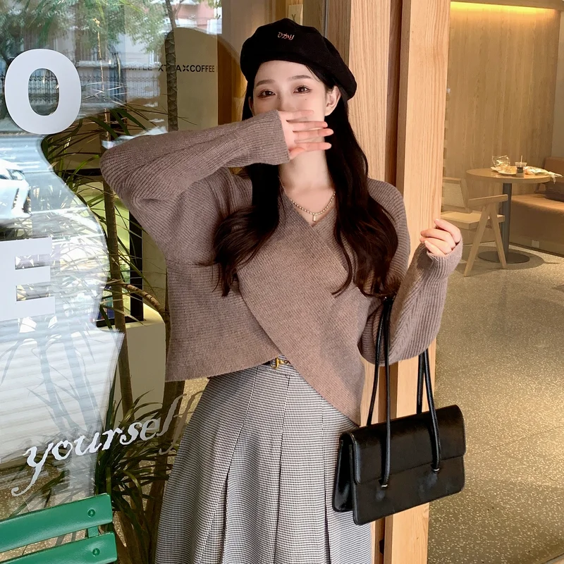 Women Sweaters Criss-cross Irregular Cropped Tender Solid Color Pullovers Temperament Knitwear Off-shoulder Sweet Korean Sexy