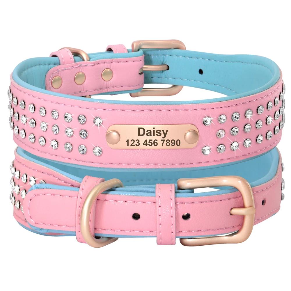 Personalized Dog Collar For Medium Large Dogs French Bulldog Pitbull Bling Rhinestone Pet Puppy Nameplate ID Tag Collars Pink