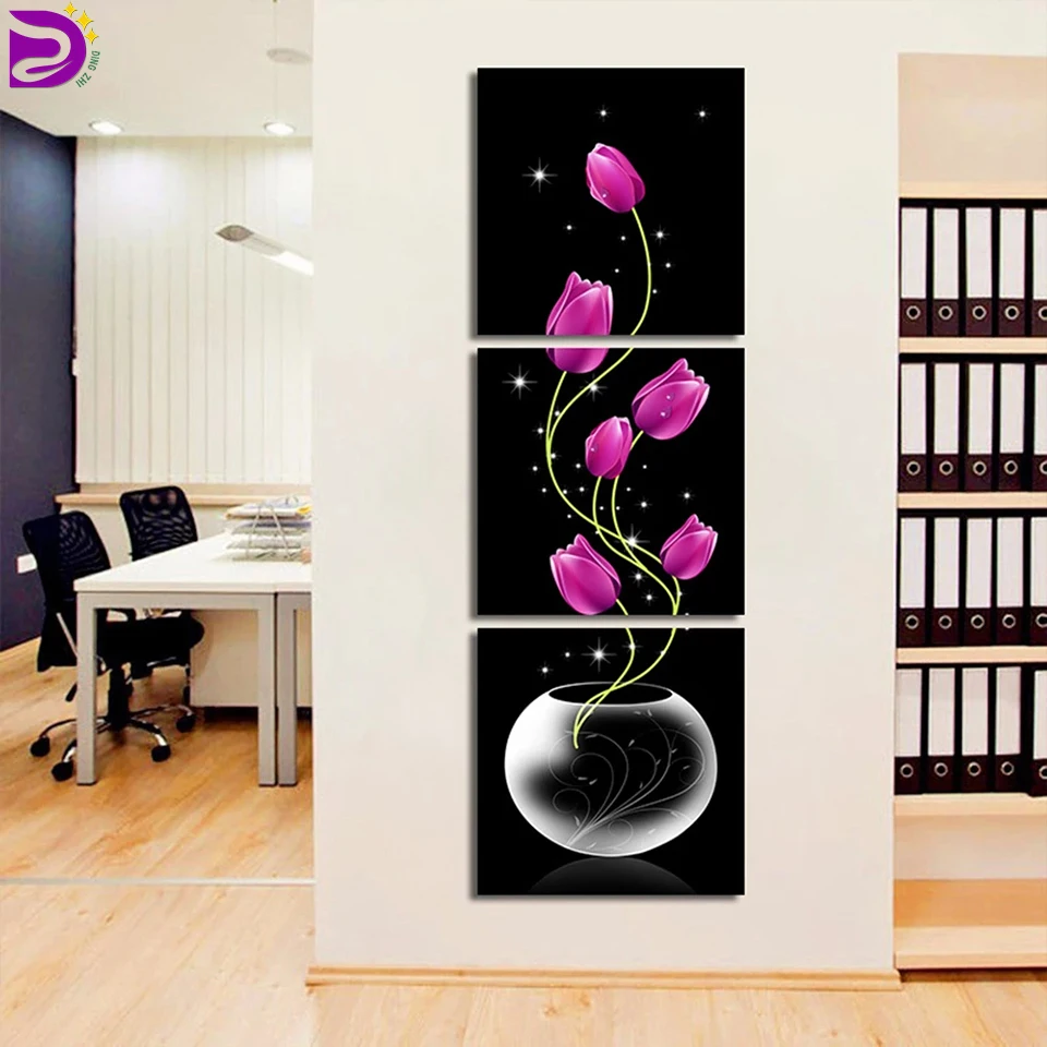 Vertical 3 Pieces Wall Art Diamond Painting Triptych Purple Flowers Cross Stitch Nordic Hallway Decoration Maison Home Decor