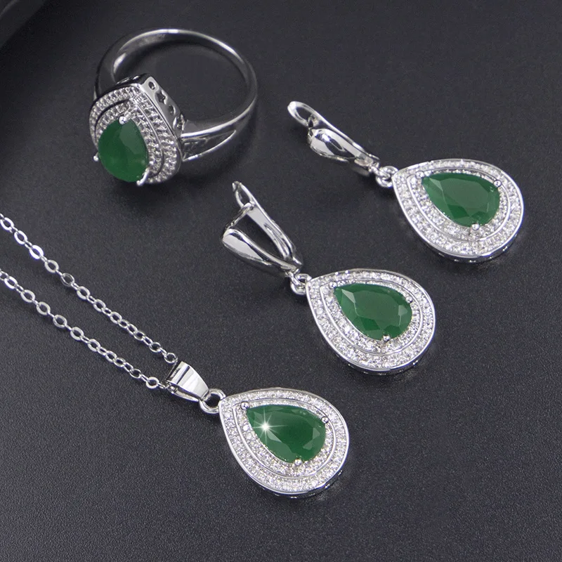 Jewelry Sets For Women  925 Sterling Silver Green Stones Zirconia Trendy Pendant Necklace Earrings Bracelet Ring