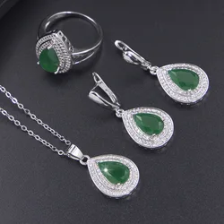 Jewelry Sets For Women  925 Sterling Silver Green Stones Zirconia Trendy Pendant Necklace Earrings Bracelet Ring